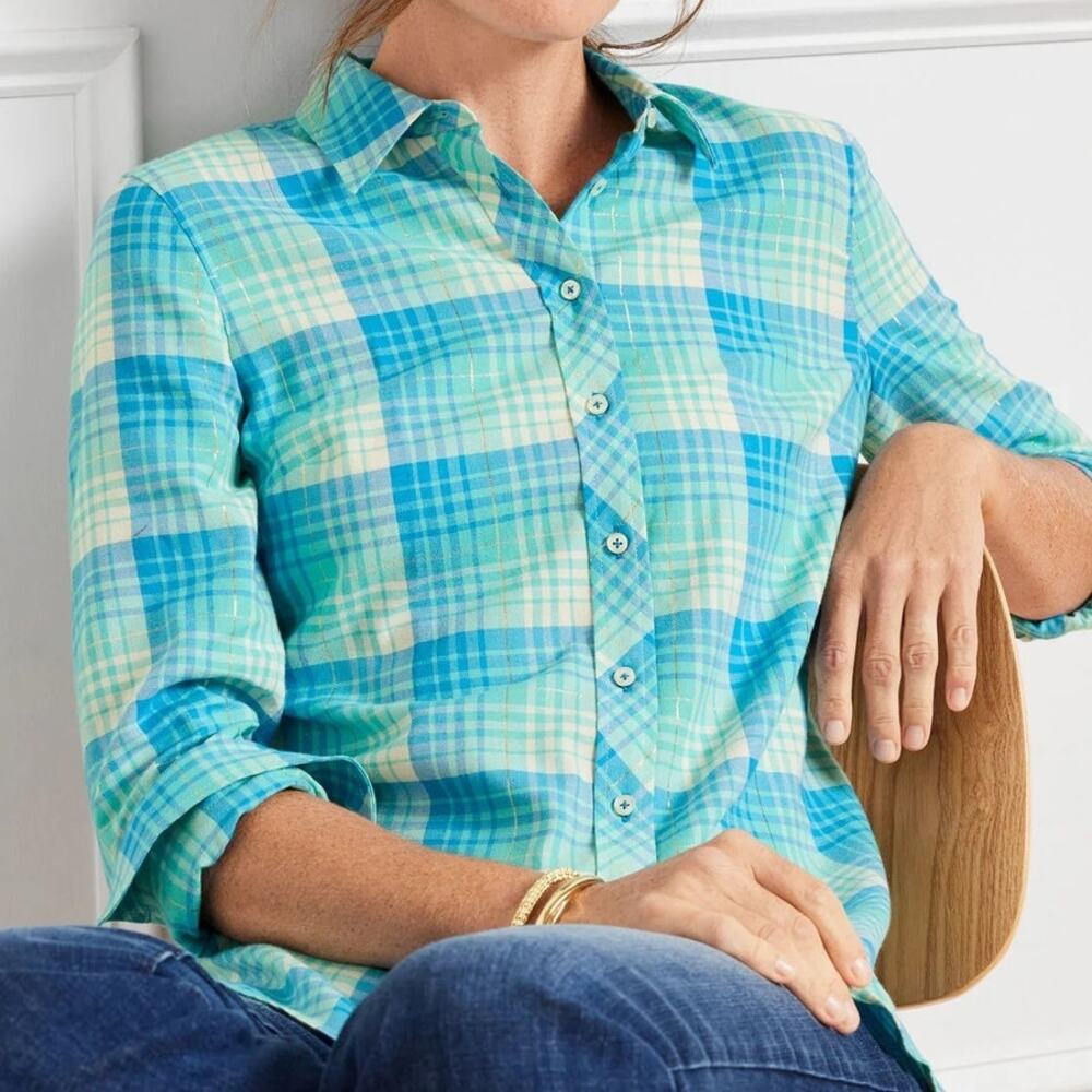 Talbots Lightweight Blue Turquoise Gold Plaid Button Up Top Large